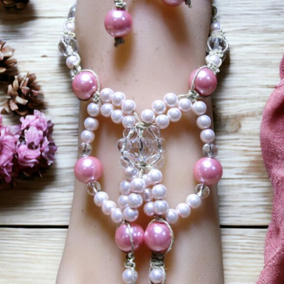 NEW Crystal & Pink Beaded Barefoot Sandals. Belly dance foot jewelry. - Picture 3 of 5